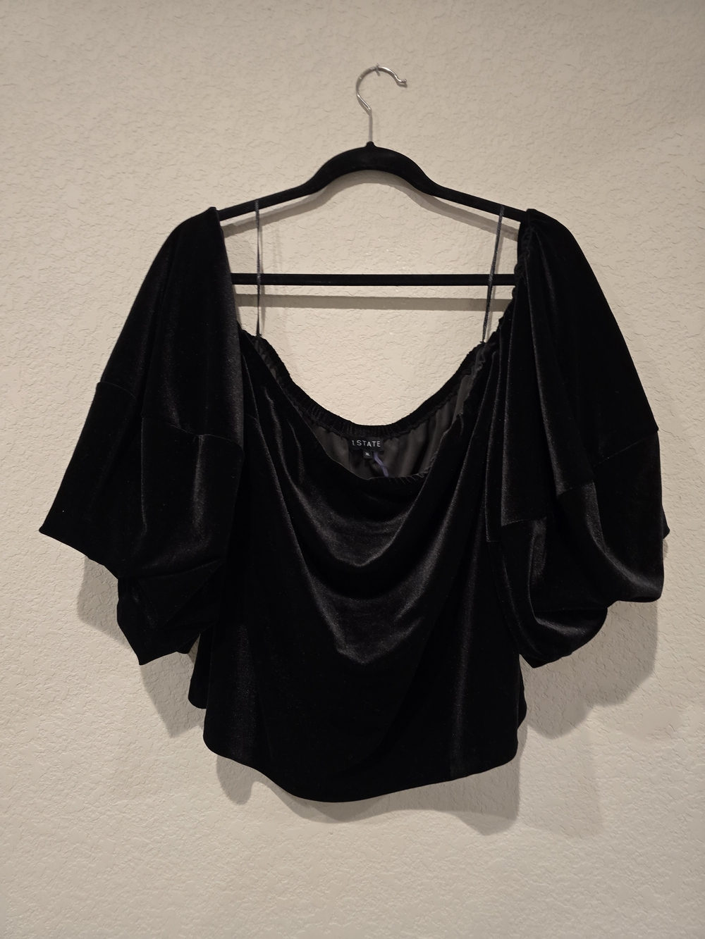 1. State Black Velvet Off-Shoulder Draped Puff Sleeve Blouse